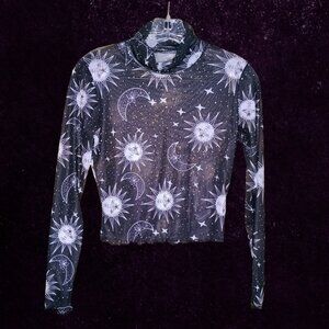 Black Sheer Celestial Mesh Turtleneck Top | Sun & Moon Print | Size S